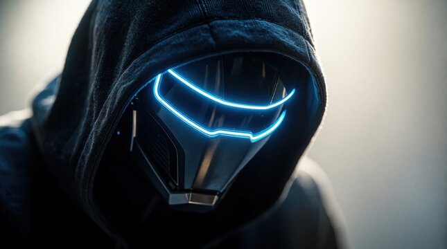Mysterious hooded figure wears futuristic mask with glowing blue neon visor. Cyborg character hacker uses advanced tech gear in dark setting. Cyberpunk person looks like android AI robot with