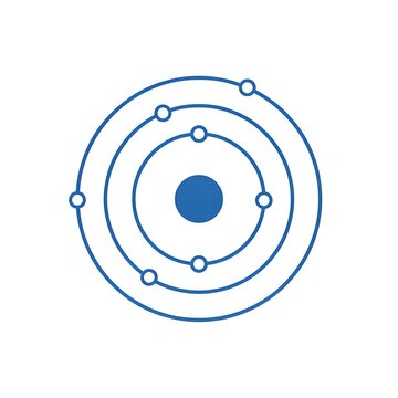 Minimalist blue line icon of atomic structure with orbiting electrons around a central nucleus for scientific and educational design