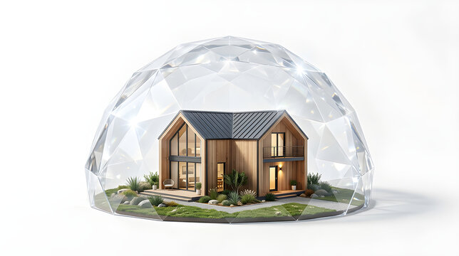 Modern Wooden House Inside Glass Dome Concept Protection Real Estate Architecture Energy Saving Eco Eco-Friendly Sustainable Living Isolated White Background Illustration High Resolution Stock Photo

