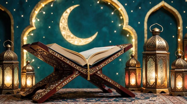 Open Quran rests on ornate wooden stand near glowing lanterns under large crescent moon. Islamic festive scene with traditional decor and star lights.