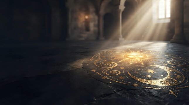 Glowing magic circle with golden symbols in ancient stone hall