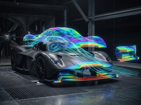 Carbon fiber hypercar in wind tunnel with digital 3D holographic aerodynamic airflow heat map
