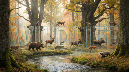 Naklejka premium Wildlife animals in autumn forest with river. Deer, bear, fox, wolf, badger, lynx, owl. Nature conservation, eco tourism, wildlife documentary.