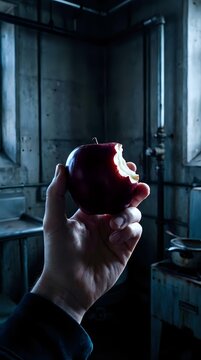 Hand holding bitten red apple in industrial metal room with pipes