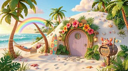 Obraz premium Tropical beach cottage with flowers and a rainbow by the ocean 