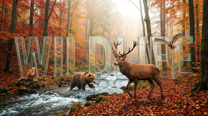 Naklejka premium Wildlife animals in autumn forest with stream. Deer, bear, fox and owl. Nature conservation, eco tourism, wildlife photography.