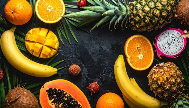 Tropical fruits pineapple, papaya, mango, dragon fruit, kiwi and all citrus fruits are scattered on a dark textured background