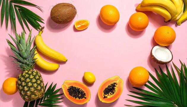 Tropical fruits coconut pineapple papaya mango citruses scattered on a soft blue background with space for text, summer concept.