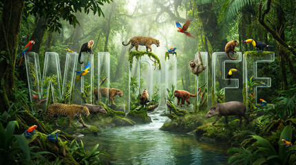 Obraz premium Wildlife letters in jungle scene with animals like jaguars, monkeys and toucans. Conservation, eco tourism, nature education.