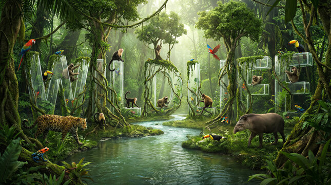 Word WONDER formed by transparent letters in jungle with wildlife. Amazon rainforest, exotic animals, nature conservation, eco tourism.