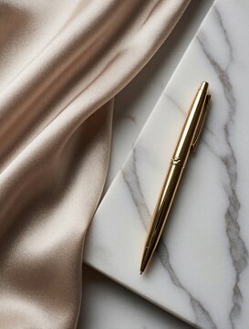 Golden pen rests on marble surface next to draped silk fabric. Minimalist flat lay composition suggests luxury, writing, and elegant workspace design.