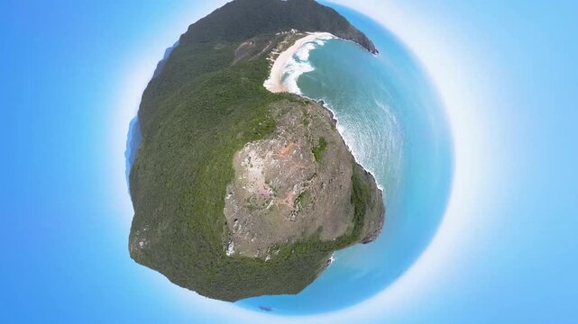 Drone 360 Degree Little Planet Effect Over Lagoinha do Leste Beach and Morro da Coroa in Florianopolis Brazil, Stereographic Projection Tiny Planet Animation Reveal, Creative Travel Stock Video