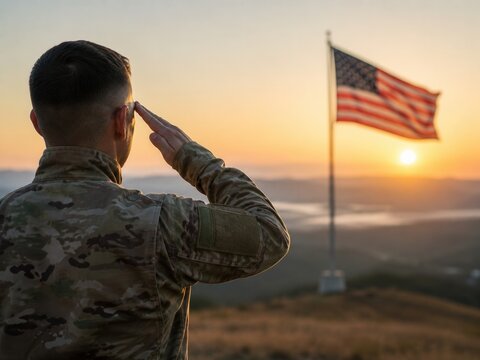 Veterans Day USA: Soldat salutiert bei Sonnenuntergang vor einer gro&szlig;en amerikanischen Flagge. Kraftvolles patriotisches Motiv f&uuml;r Milit&auml;rdienst, Ehre, Pflicht, Freiheit und Nationalstolz.