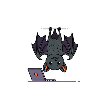 A flat vector illustration of a cute purple bat hanging upside down while working on a laptop. Perfect for night owl concepts, remote work, IT humor, or Halloween-themed technology designs.