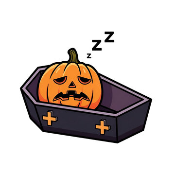 A funny cartoon vector of an exhausted orange Halloween pumpkin resting inside a dark purple coffin with yellow crosses. Perfect for seasonal stickers, apparel, and spooky holiday designs.