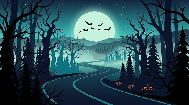 Spooky halloween forest landscape with full moon and flying bats