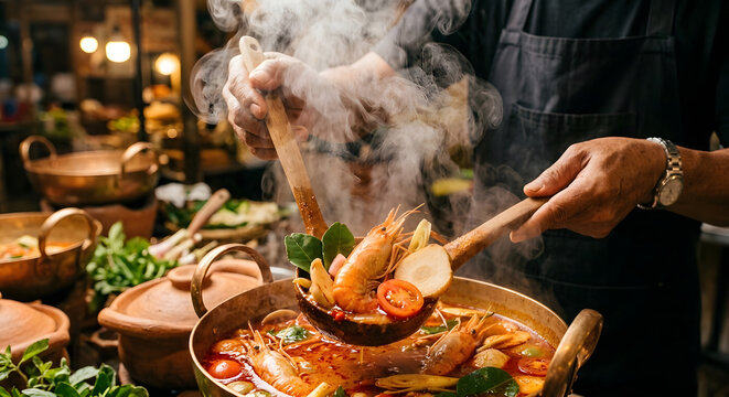 Authentic Thai Street Food Preparation, Chef Cooking Pad Thai in Wok, Tom Yum Soup, Som Tum Papaya Salad, Khao Soi, and Mango Sticky Rice