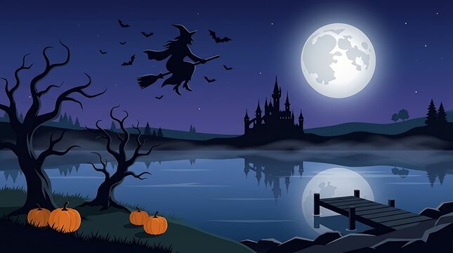 Witch flying on broomstick over lake at full moon night