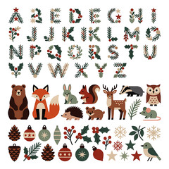 Naklejka premium Big Christmas set: floral alphabet, forest animals bear, fox, deer, owl , pine cones, toys and berries. Scandinavian style clipart