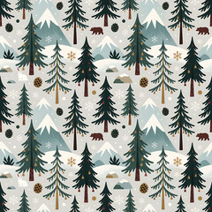 Obraz premium Seamless winter pattern with coniferous forest and mountains. Snow-covered fir trees, cones, bears, hares and snowflakes