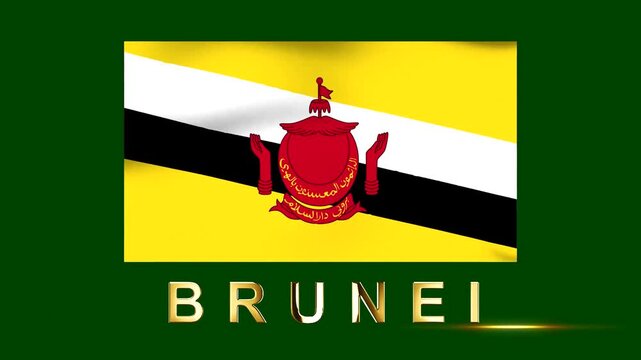 National flag of Brunei Darussalam waving with gold text against a dark green background