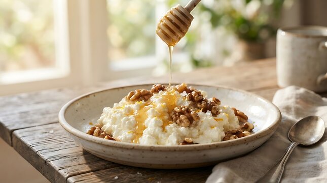 Cottage Cheese with Nuts and Raisins in a Bowl, Healthy Creamy Breakfast with Fresh Dairy Ingredients for a Delicious Nutritious Meal or Snack