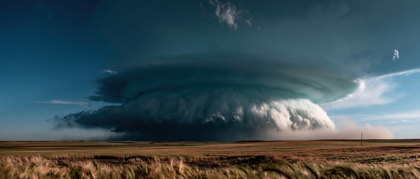 Dramatic teal supercell storm cloud looming over a vast wheat field on the plains with a rolling updraft tower and a foreboding mood for nature and weather concepts
