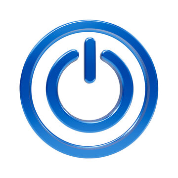 Glossy blue power button symbol with circular frame isolated on a black background