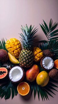 All tropical fruits (coconut, pineapple, papaya, mango, citrus) with palm leaves scattered on a dark background with space for text, beach sign and banner