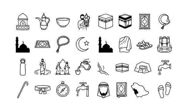 Zamzam Well Hajj Umrah Muslim Worship Hand Drawn Islamic Vector Icon Set