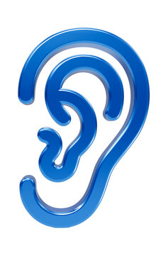 Shiny blue 3d human ear isolated on a white background, for hearing and, anatomy concepts