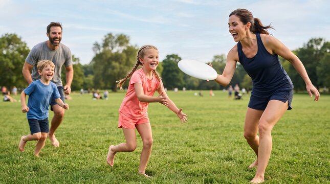 A joyful family plays frisbee in a sunny park, with children laughing as they chase the disc and parents watching with smiles, capturing the essence of outdoor leisure and togetherness.