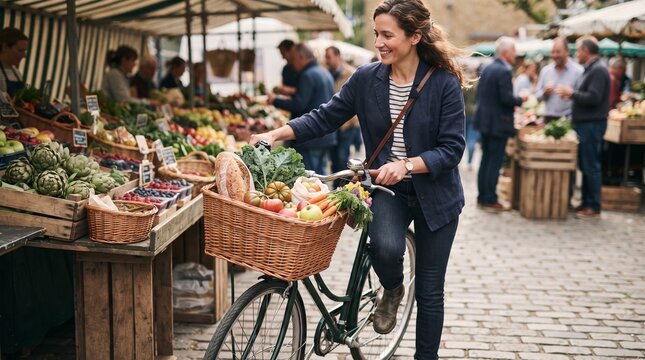 A smiling woman on a bicycle with a full basket of fresh produce rides through an outdoor market, browsing stalls filled with vibrant fruits and vegetables.