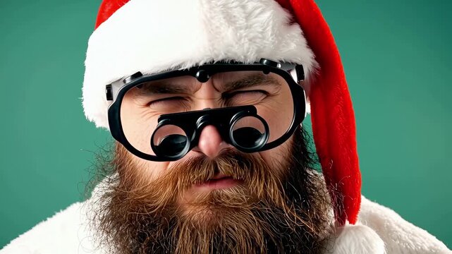 Bearded Santa in a white coat with magnifier visor displays a range of expressions, showcasing surprise, squinting, and focus against a solid green background