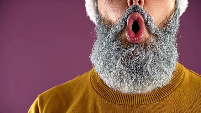 Bearded man in mustard sweater and Santa hat blowing air with rounded lips, showcasing facial expression and beard detail against a purple background