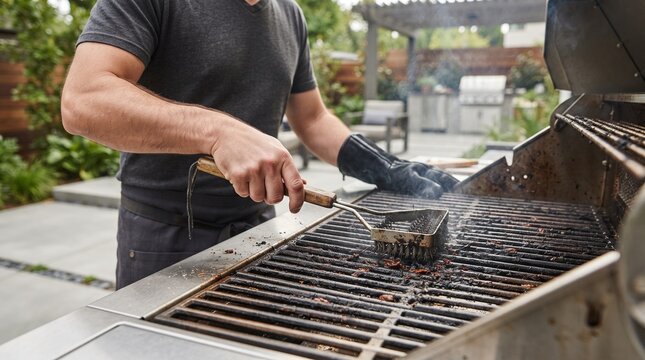 Man cleaning a barbecue grill in the backyard.