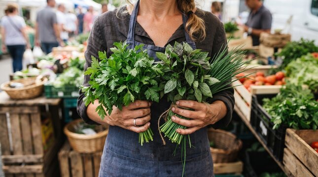 A vendor proudly displays fresh, vibrant herbs and leafy greens at an outdoor market, surrounded by colorful produce.