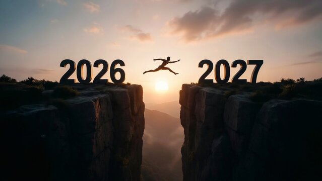 A daring person jumping across a vast canyon chasm from the year twenty twenty six to twenty twenty seven over a magnificent glowing sunrise representing bold transition and overcoming obstacles