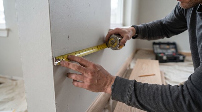 A tradesperson carefully measures a wall with a tape measure, showcasing precision and skill in a home renovation or construction setting.