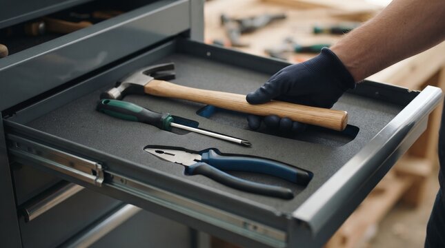 A gloved hand selects a hammer from a neatly organized toolbox drawer, showcasing a variety of essential hand tools.