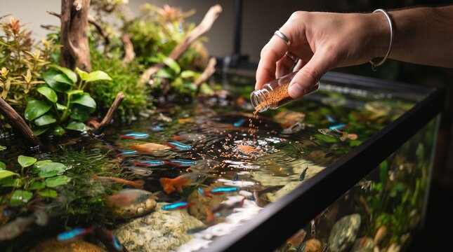 A hand gently adds nutrient-rich liquid to a vibrant freshwater aquarium teeming with small, colorful fish, live aquatic plants, and intricate hardscape elements.