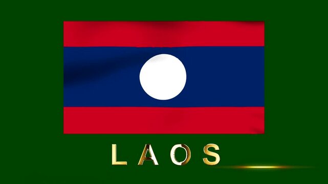 National flag of Laos waving against a green background with golden metallic text
