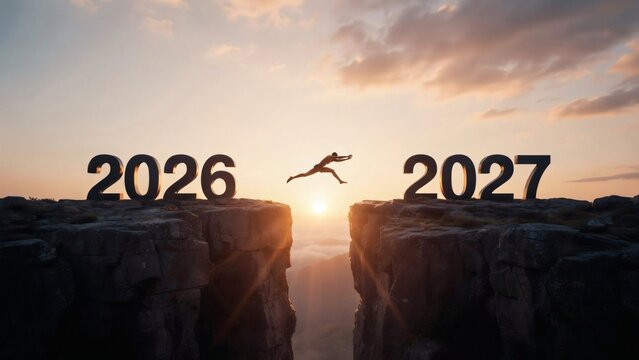 A daring person leaps across a vast canyon gap between two rocky cliffs featuring large numbers representing the transition from year twenty twenty six into twenty twenty seven at sunrise