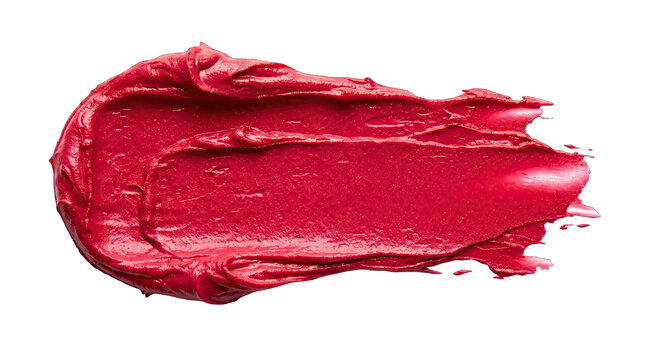 A vibrant smear of glossy red lipstick texture is beautifully isolated on a clear transparent background for design use