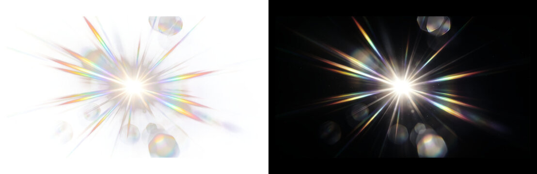 Prismatic lens flare with rainbow light rays, vibrant sunburst starburst effect for photo editing, cinematic optical flare with bokeh circles isolated on Transparent Background