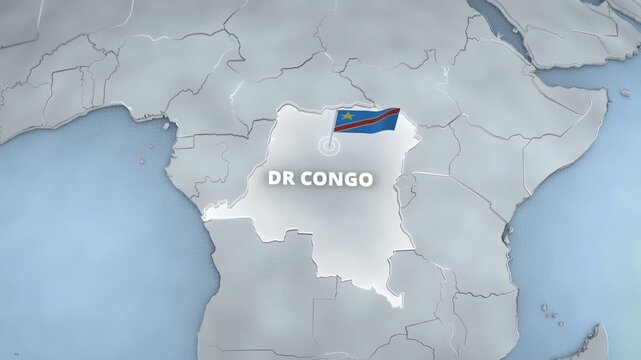 Map animation of the Democratic Republic of the Congo, Africa with a glowing highlight and national flag pin for a travel and news-style graphic template.
