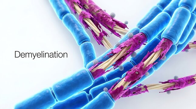 Demyelination of nerve fibers illustration depicting myelin sheath damage
