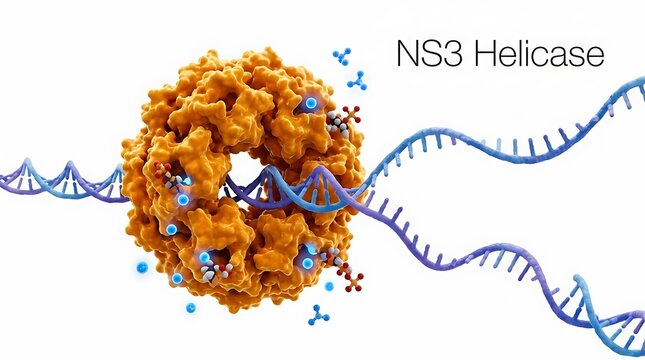 Detailed 3D illustration of ns3 helicase enzyme unwinding genetic DNA strand