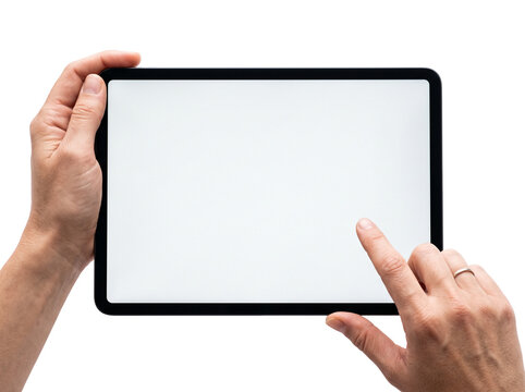 Hands holding modern black digital tablet in landscape mode touching blank white screen isolated on transparent background png