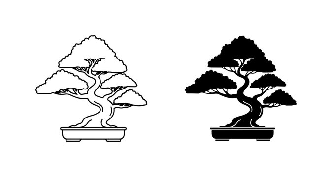 Bonsai Tree Vector Icons: Minimalist Black and White Japanese Miniature Tree Art